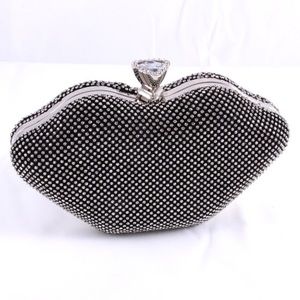 Large Silver Black Lip Rhinestone Clutch